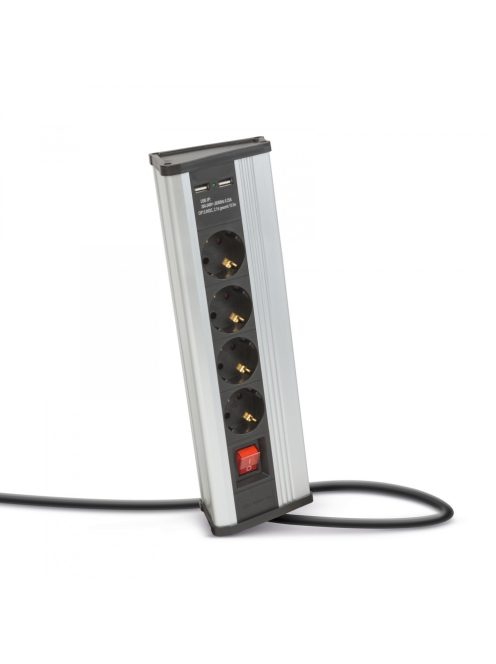 Sarokelosztó - kapcsolós - 4 x 250V, 16A - 2 x USB, 2,1A - alumínium ház