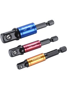   dugókulcs adapter készlet 3db-os; 1/4" - 3/8" - 1/2" dugófejekhez, fúrógépbe befogás: 1/4" hatszög, S2 acél